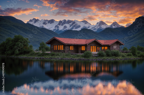 reflection of the house in the lake mountains behind
