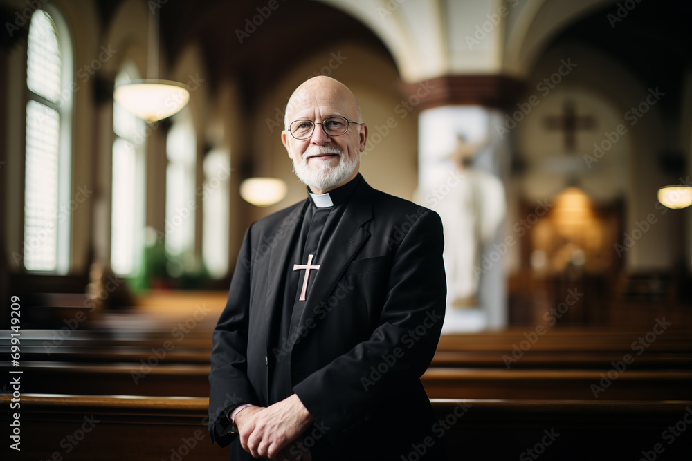 Portrait of mature catholic priest in church. Generative AI - obrazy, fototapety, plakaty 