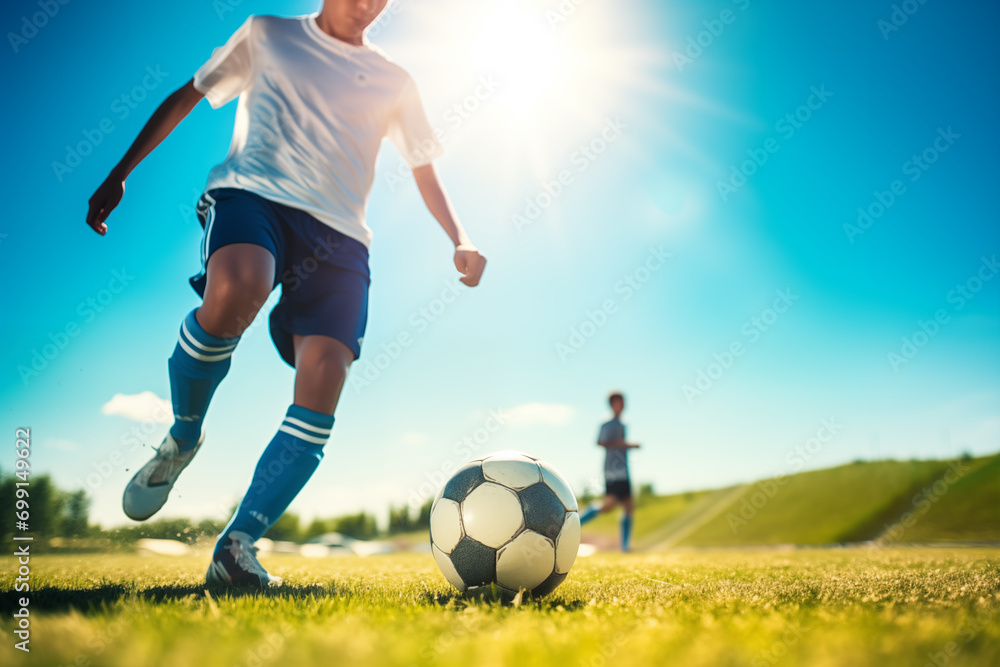 Young man playing football on the field outdoor. Generative AI