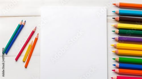 Top view of school supplies with blank white paper for text and message, education background. Generative Ai