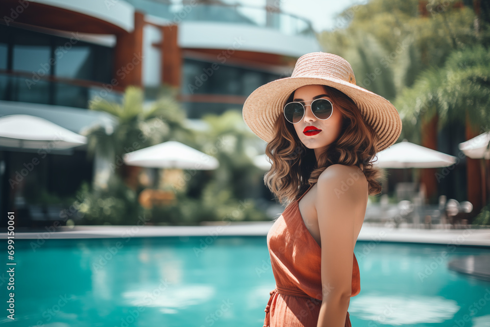 Young lady wearing sunglasses standing nearly swimming pool with modern hotel on background. Generative AI