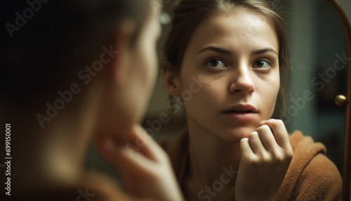A young adult woman, looking sad, reflecting indoors, beauty generated by AI