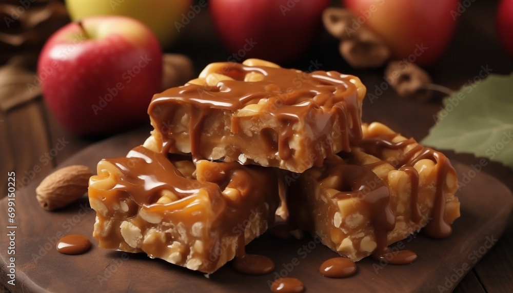 A stack of homemade caramel fudge with dark chocolate drizzle generated by AI A stack of homemade caramel fudge with dark chocolate drizzle generated by AI