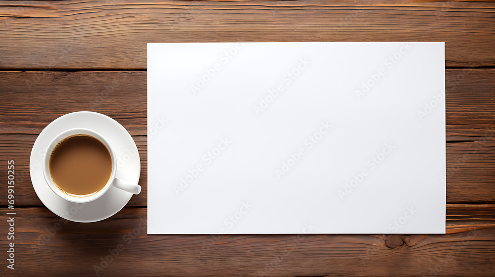 Top view with blank white paper,pencil and cup of coffee on wooden table background. Generative Ai Top view with blank white paper,pencil and cup of coffee on wooden table background. Generative Ai