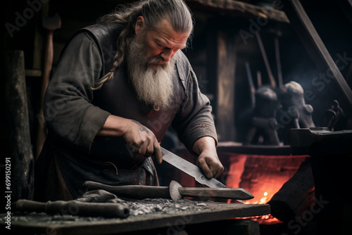 Viking blacksmith sharpening metal weapons on workbench. Generative AI photo