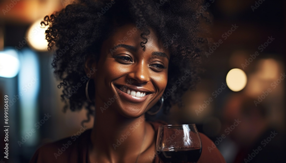 Smiling young woman enjoys a drink, exuding happiness and confidence generated by AI Smiling young woman enjoys a drink, exuding happiness and confidence generated by AI