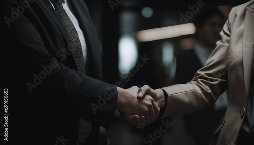 Successful businessmen and businesswomen shaking hands in a corporate agreement generated by AI