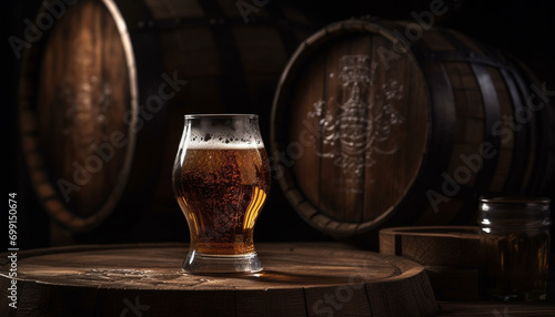 Wooden barrel holds dark liquid, symbolizing celebration and refreshment generated by AI