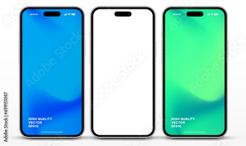 3D realistic high quality smartphone mockup with isolated background. Smart phone mockup collection. Device front view. 3D mobile phone with shadow on white background.