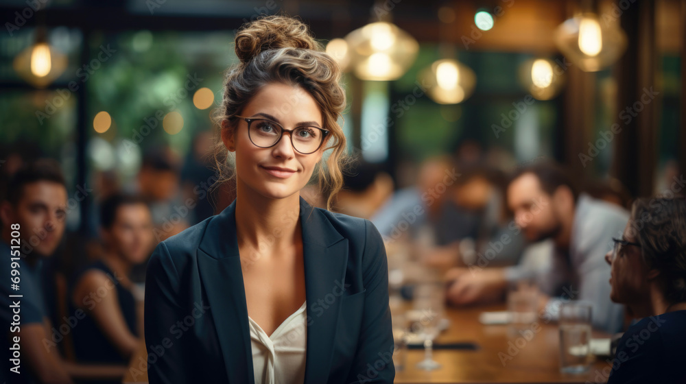 A young woman, a leader, a professional, with an elegant hairstyle and glasses, is leading a meeting on marketing strategy in a classic office.