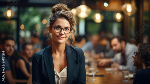 A young woman, a leader, a professional, with an elegant hairstyle and glasses, is leading a meeting on marketing strategy in a classic office.