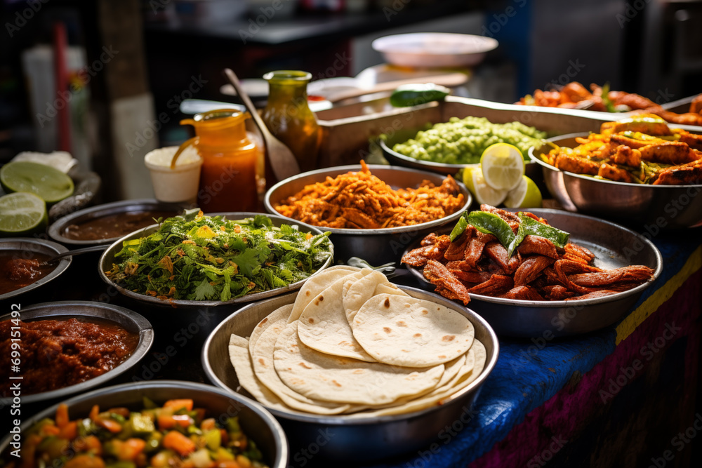 Mexican street food market with tacos, tamales, and colorful