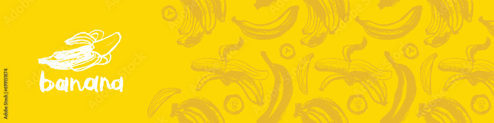 Obraz premium Plantains background for vector bananas banner template with sketch banana seamless pattern. Banana label backdrop. Plantains ornament. Yellow fruits.