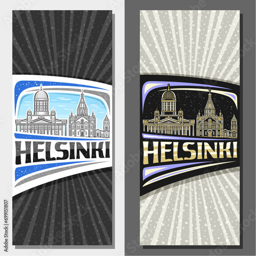 Vector vertical layouts for Helsinki, decorative leaflet with line illustration of helsinki city scape on day and dusk sky background, art design tourist card with unique lettering for word helsinki