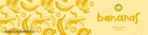 Plantains background for vector bananas banner template with sketch banana seamless pattern. Banana label backdrop. Plantains ornament. Yellow fruits. photo