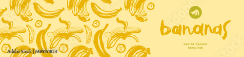 Plantains background for vector bananas banner template with sketch banana seamless pattern. Banana label backdrop. Plantains ornament. Yellow fruits.