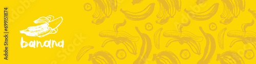 Plantains background for vector bananas banner template with sketch banana seamless pattern. Banana label backdrop. Plantains ornament. Yellow fruits.