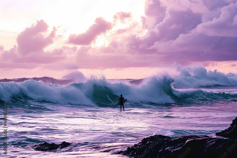 surf with purple sky and the guy looking the big wawe