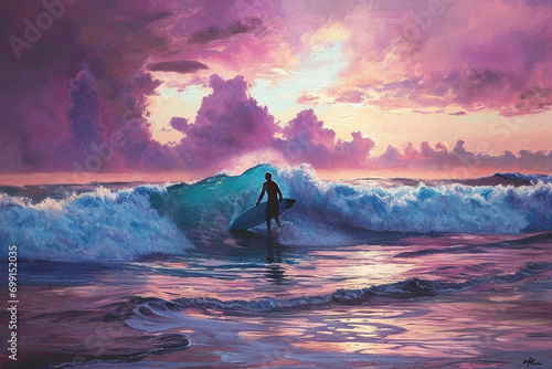 surf with purple sky and the guy looking the big wawe photo