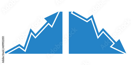 Graph going Up and Down sign with blue arrows vector. Flat design vector illustration concept of sales bar chart symbol icon with arrow moving down and sales bar chart with arrow moving up.
