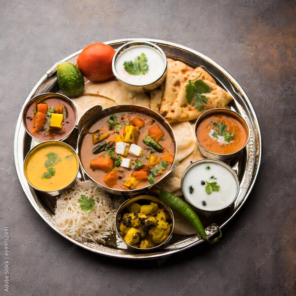 indian hindu veg thali food platter selective focus indian hindu veg thali food platter selective focus