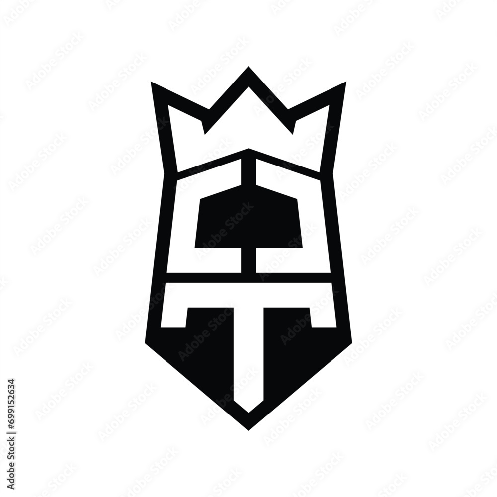 OT Letter Logo monogram hexagon shield shape up and down with crown isolated style design OT Letter Logo monogram hexagon shield shape up and down with crown isolated style design