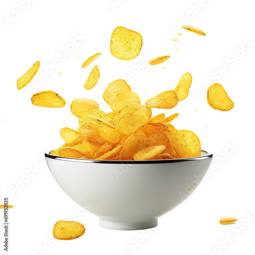 Potato chips flying with cheese powder in white bowl isolated on white background photo