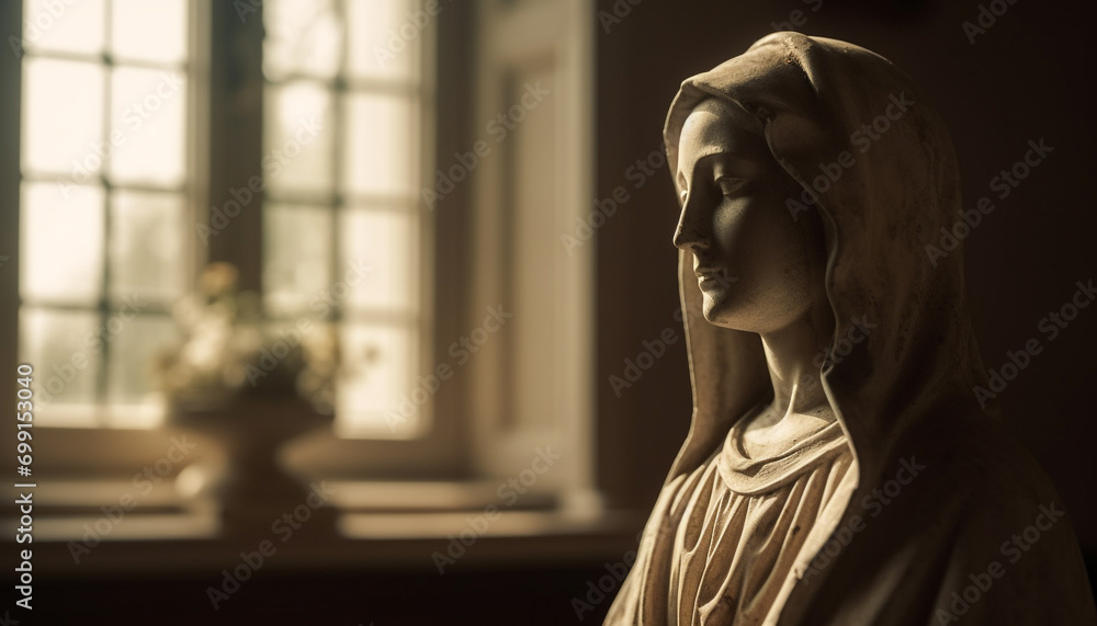 A young woman in black and white, praying in sadness generated by AI A young woman in black and white, praying in sadness generated by AI