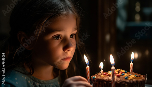 A cute girl smiling, holding a birthday candle, surrounded by family generated by AI