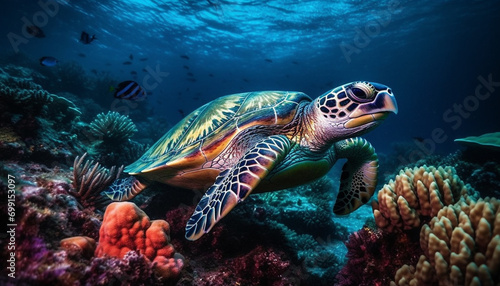 Underwater turtle swimming in blue sea, surrounded by coral reef generated by AI