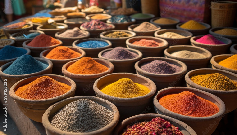 Multi colored spices in a row, vibrant colors of Indian culture generated by AI