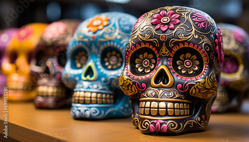 Mexican culture celebrates Day of the Dead with ornate skulls generated by AI