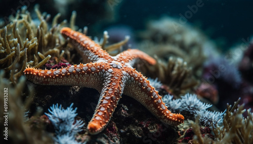 Underwater nature reveals animal reef with starfish  fish  and coral generated by AI