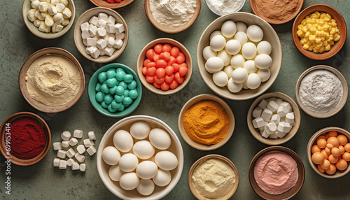 A large variety of colorful pills in a bowl for health generated by AI