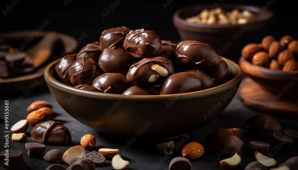 Dark chocolate dessert, gourmet candy bowl, close up wood material, sweet food generated by AI Dark chocolate dessert, gourmet candy bowl, close up wood material, sweet food generated by AI