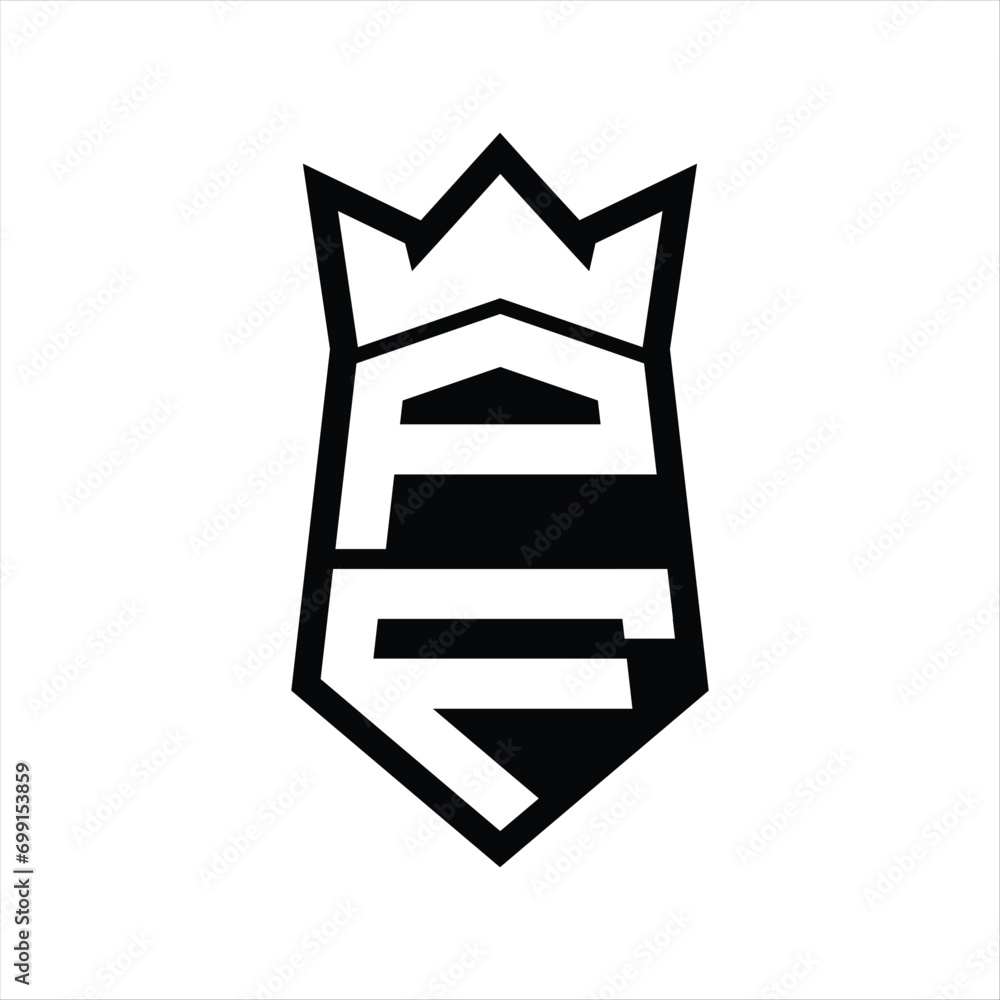 PF Letter Logo monogram hexagon shield shape up and down with crown isolated style design PF Letter Logo monogram hexagon shield shape up and down with crown isolated style design