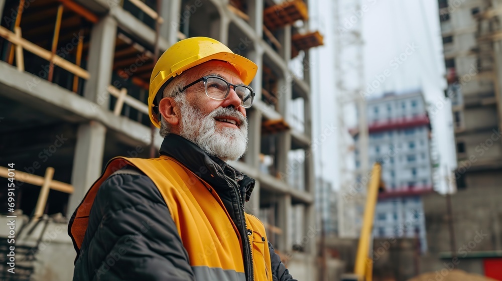 Architect, portrait and building inspection in city for property, construction and project evaluation. Architecture, development and happy senior worker at real estate construction site Architect, portrait and building inspection in city for property, construction and project evaluation. Architecture, development and happy senior worker at real estate construction site