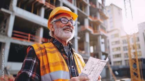 Architect, portrait and building inspection in city for property, construction and project evaluation. Architecture, development and happy senior worker at real estate construction site