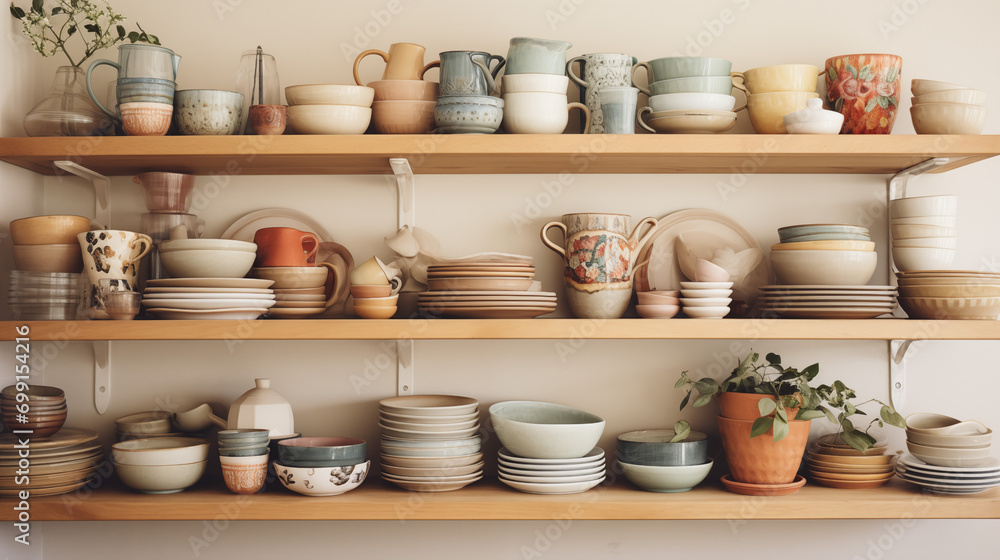 Mismatched Boho Dinnerware on Open Shelving Mismatched Boho Dinnerware on Open Shelving