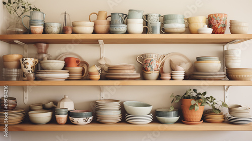 Mismatched Boho Dinnerware on Open Shelving