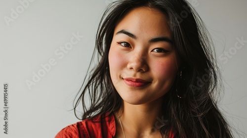 Asian woman gathered in ponytail with natural makeup on face have plump lips and clean fresh skin wearing white camisole on isolated pink background. Portrait of cute female model in studio photo