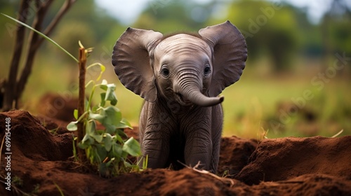 A baby elephant calf trumpeting playfully, its miniature tusks just starting to show.