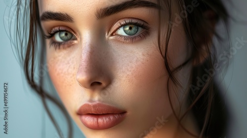 Beautiful face of young woman with health fresh skin. Portrait of beautiful brunette woman with clean face. Closeup face of young adult woman with clean fresh skin. Skin care