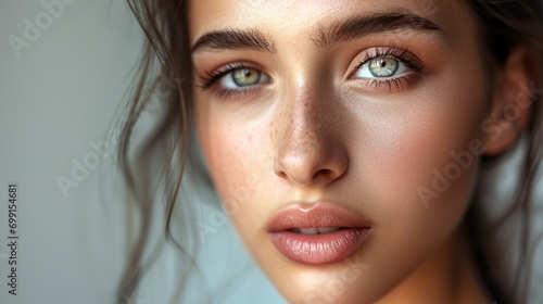 Beautiful face of young woman with health fresh skin. Portrait of beautiful brunette woman with clean face. Closeup face of young adult woman with clean fresh skin. Skin care