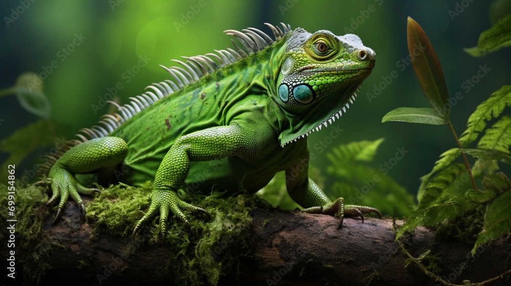 A baby iguana basking, its vibrant green scales detailed and clear.