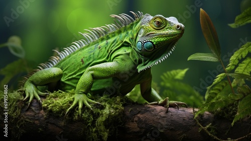 A baby iguana basking, its vibrant green scales detailed and clear. © Ahmad