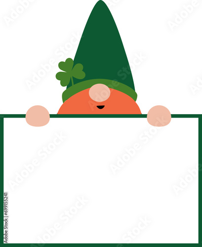 St. Patrick's Day gnome holding blank sign
