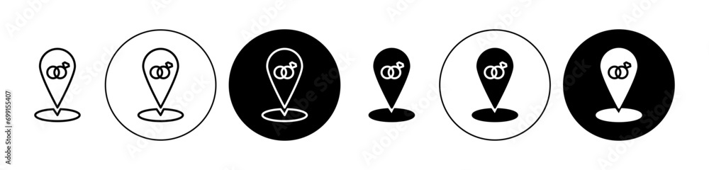 Wedding Location icon thin line style symbol. romantic love marriage venue address locator gps pointer outline vector logo Wedding Location icon thin line style symbol. romantic love marriage venue address locator gps pointer outline vector logo