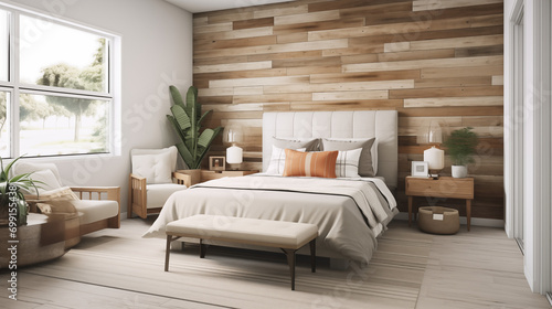 Reclaimed Wood Accent Wall in a Boho Bedroom © Aeman