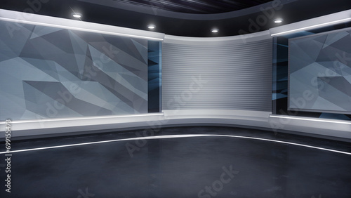 TV news, virtual studio background. Ideal also for online shows or live events. Modern 3D rendering backdrop suitable on VR tracking system stage sets, with green screen